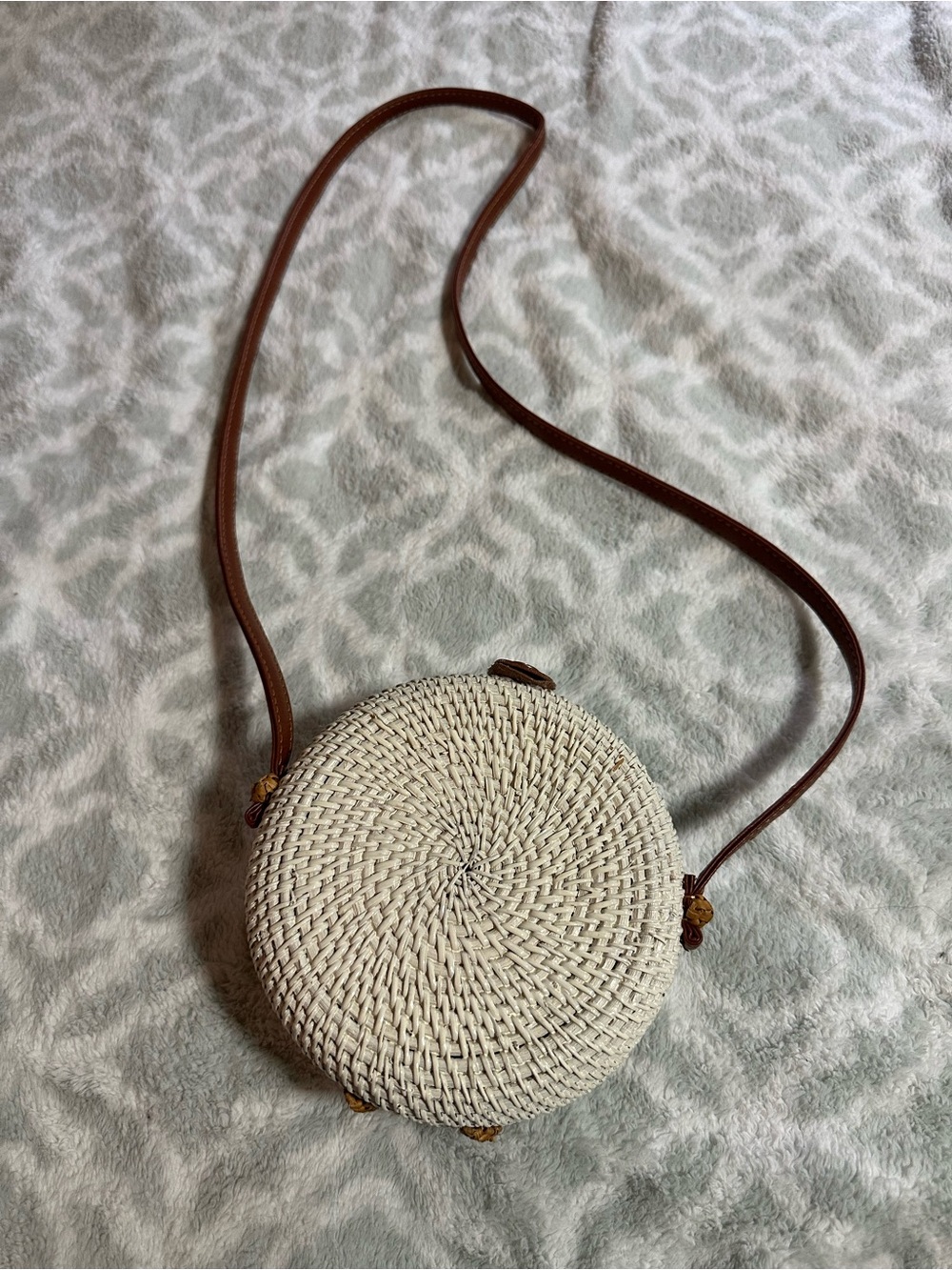 Woven Round Crossbody Bag - Cream with Brown Strap